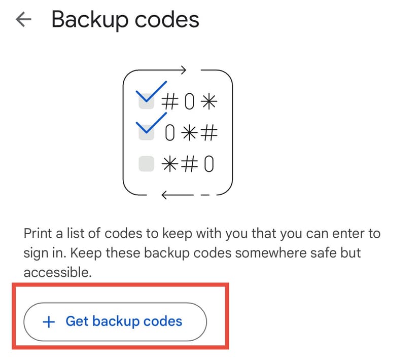 Backup codes generation page with Get Backup Codes button