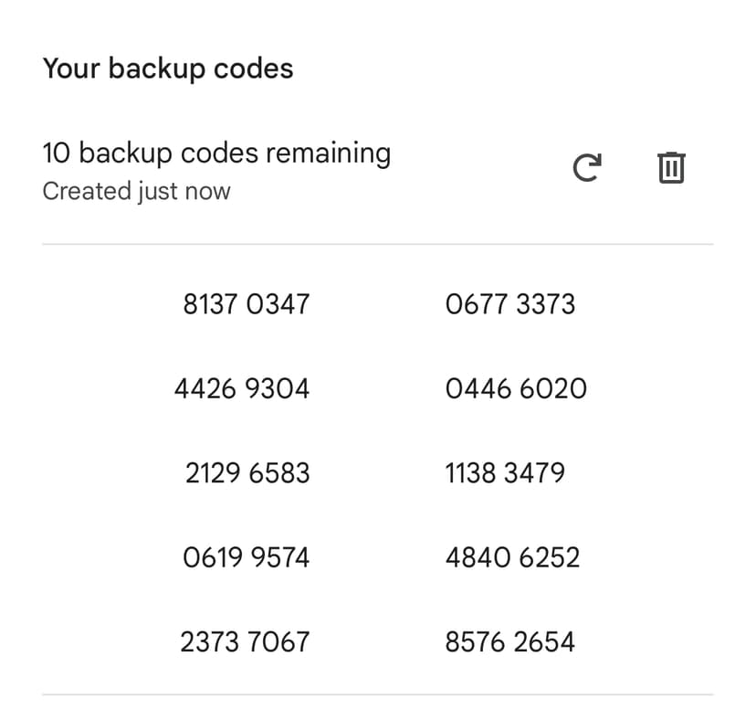 Your backup codes page showing the generated codes